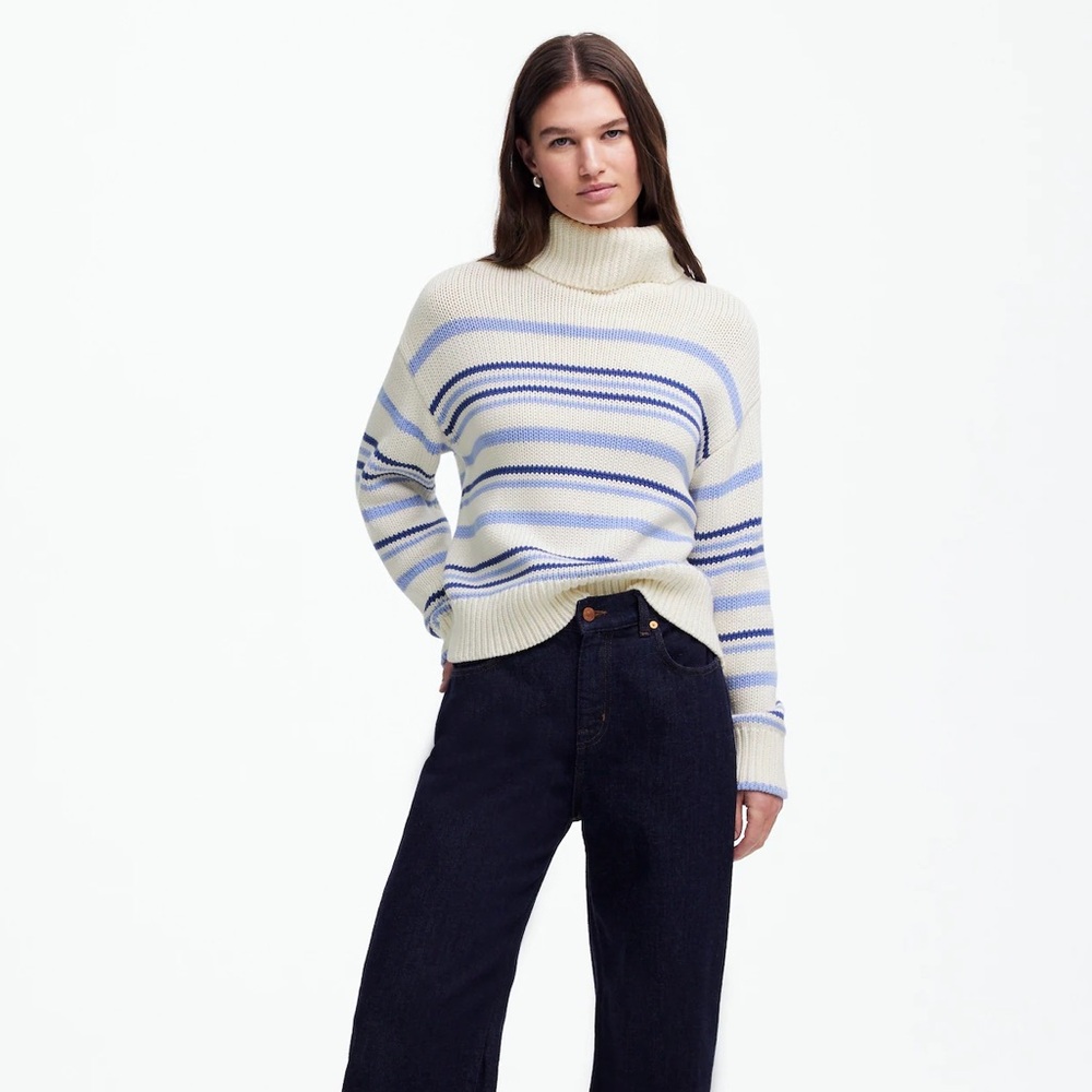Madewell Ribbed Cotton‎ Turtleneck Sweater in Dawn Stripe Size XS fisherman fall
